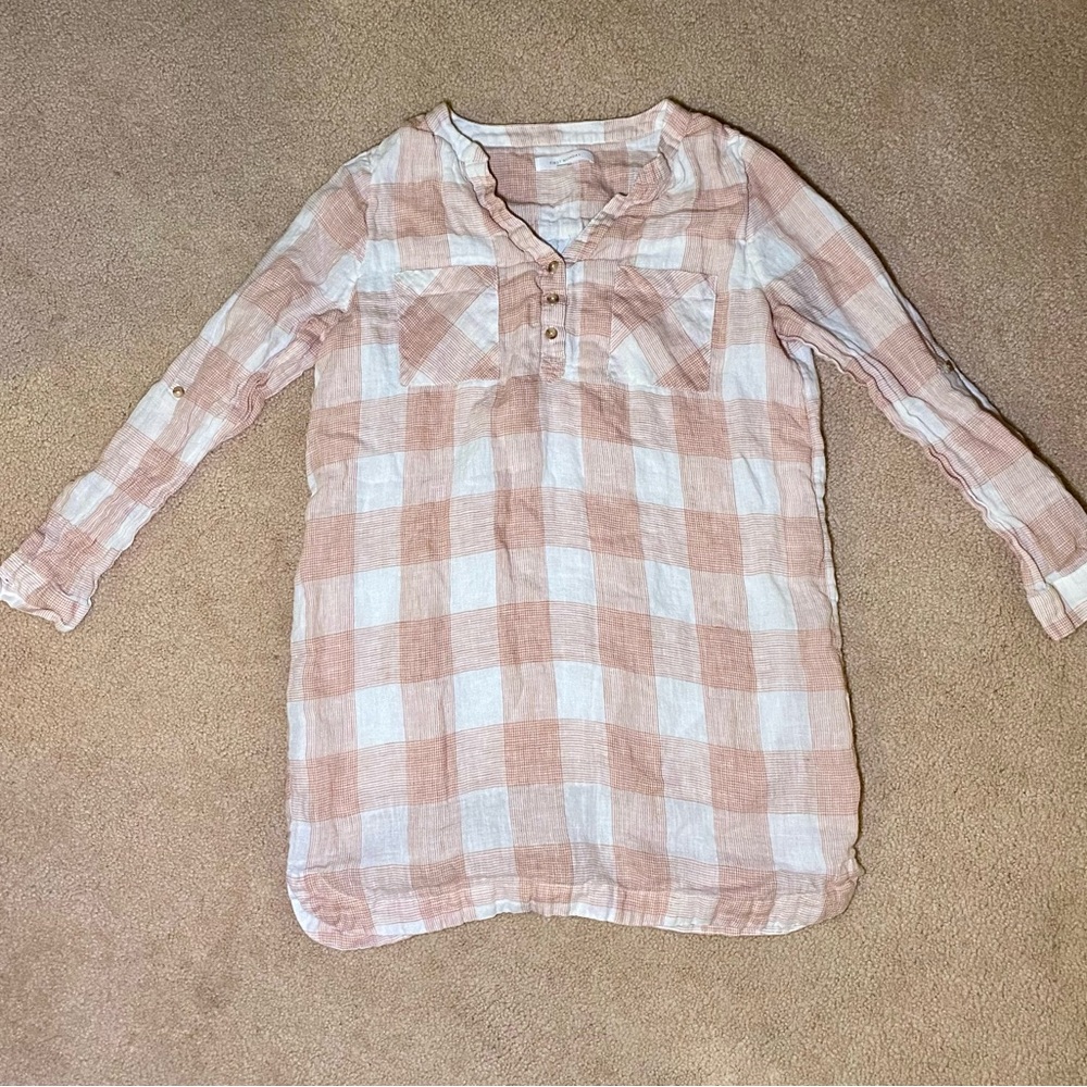 EUC First Monday Pale Pink and Cream Plaid Linen Long Sleeve Tunic